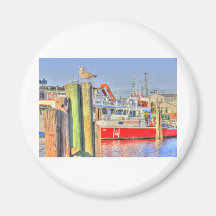 HDR Seagull Red Boat Tied to Pier in Harbour Refrigerator Magnets