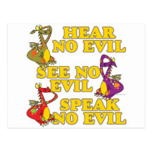 hear see speak no evil dragons cartoon postcards