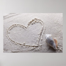 Heart Drawn in Sand at Beach w Starfish Template Posters