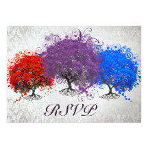 Heart Leaf Eggplant Tree Vintage Birds RSVP Custom Announcements