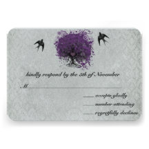 Heart Leaf Eggplant Tree Vintage Birds RSVP Custom Invites