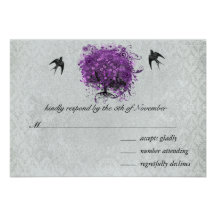 Heart Leaf Eggplant Tree Vintage Birds RSVP Personalized Invite