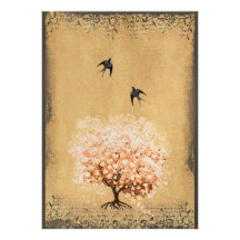 Heart Leaf Light Coral Tree Vintage Birds Weddings Custom Invites