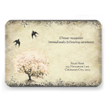 Heart Leaf Pink Tree Vintage Birds Reception Cards Announcement