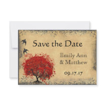 Heart Leaf Red Tree Vintage Bird Save the Date