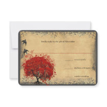 Heart Leaf Red Tree Vintage Birds Wedding RSVP Custom Invitation