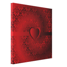 Heart on red damask stretched canvas print