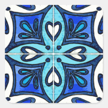 Heart Tiles Inspired by Portuguese Azulejos Blue Square Stickers