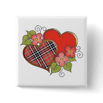 Hearts and Blossoms - Red Black Tartan Pin