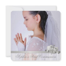 Hearts Cross Girls White Photo First Communion Personalized Invitation