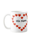 Hearts entwined with gold band heart & your names mugs