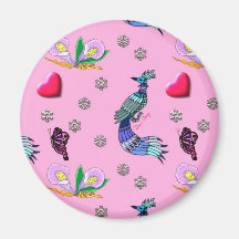 Hearts & Peacocks - Pink & Cyan Delight Refrigerator Magnets