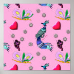 Hearts & Peacocks - Pink & Cyan Delight Posters