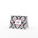 hello notecard black and white damask
