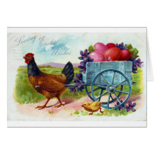 Hen pulling cart Easter Vintage Postcard