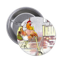 Hen with Broom Mounting Stairs to Bedroom Pinback Button