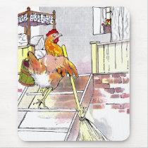 Hen with Broom Mounting Stairs to Bedroom Mousepads