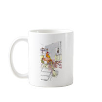 Hen with Broom Mounting Stairs to Bedroom Mug