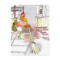 Hen with Broom Mounting Stairs to Bedroom Post Cards