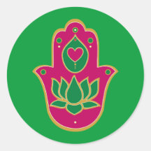 Henna Hamsa Lotus Green & Pink Round Stickers