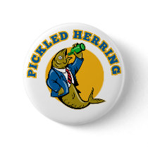 Herring fish suit drinking beer bottle pinback button