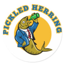 Herring fish suit drinking beer bottle round sticker