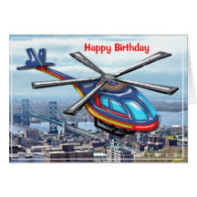 High Flying Helicopter over City Happy Birthday Greeting Cards
