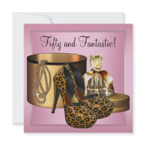 High Heel Shoes Leopard Gold Womans 50th Birthday Invite