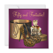 High Heel Shoes Leopard Gold Womans 50th Birthday Custom Announcements
