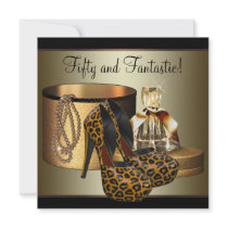 High Heel Shoes Leopard Gold Womans 50th Birthday Personalised Invites