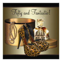 High Heel Shoes Leopard Gold Womans 50th Birthday Personalised Invites
