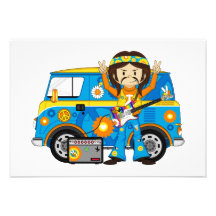 Hippie Boy with Guitar and Camper Van Personalized Announcements