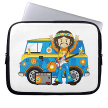 Hippie Boy with Guitar and Camper Van Computer Sleeves