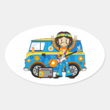 Hippie Boy with Guitar and Camper Van Oval Sticker