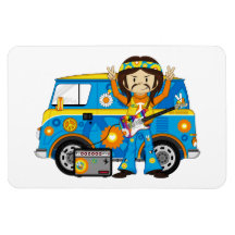 Hippie Boy with Guitar and Camper Van Flexible Magnets