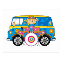 Hippie Girl with Drums and Camper Van Post Cards