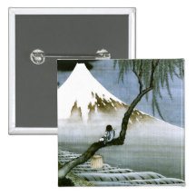 Hokusai Boy and Mt.Fuji Vintage Japanese Pinback Button