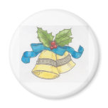 Holiday Christmas Bells Holly Blue Ribbon Design magnets
