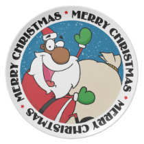 Holiday Fun Black Santa Claus Riding Sled plates
