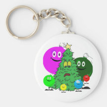 Holiday ornaments surrounding a chirstmas tree key chain