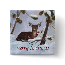 Holly Berry Deer Christmas Button
