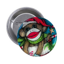 Holly Jolly Sock Monkey Pinback Button