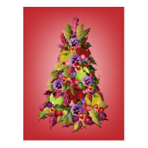 Holly Tree with Apples and Pansies Pink Christmas Post Card