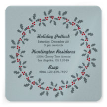Holly Wreath Holiday Potluck Party Invitation Card