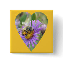 Honeybee on Fall Asters Heart Pinback Button