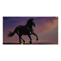 Horse silhouette galloping free at sunset photo card template