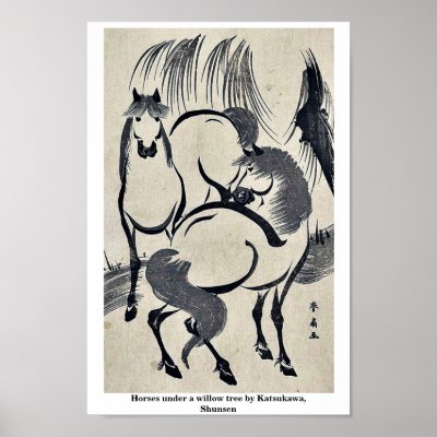 Horses under a willow tree by Katsukawa, Shunsen Posters