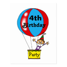 Hot air balloon 4th birthday party invitations postcards