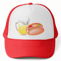 Hot dog on a bun and beer with all the fixin's hat