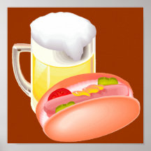 Hot dog on a bun and beer with all the fixin's print